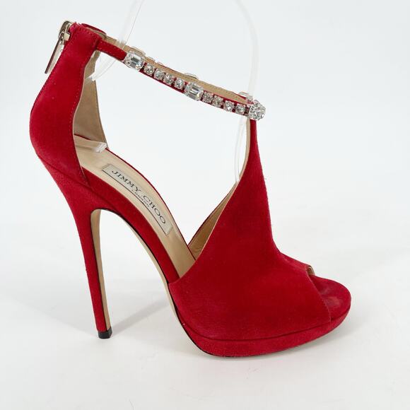 Jimmy Choo Farah Red Suede Crystal Trim Peep Toe Platform Sandal Heel IT 38.5 - Picture 2 of 14